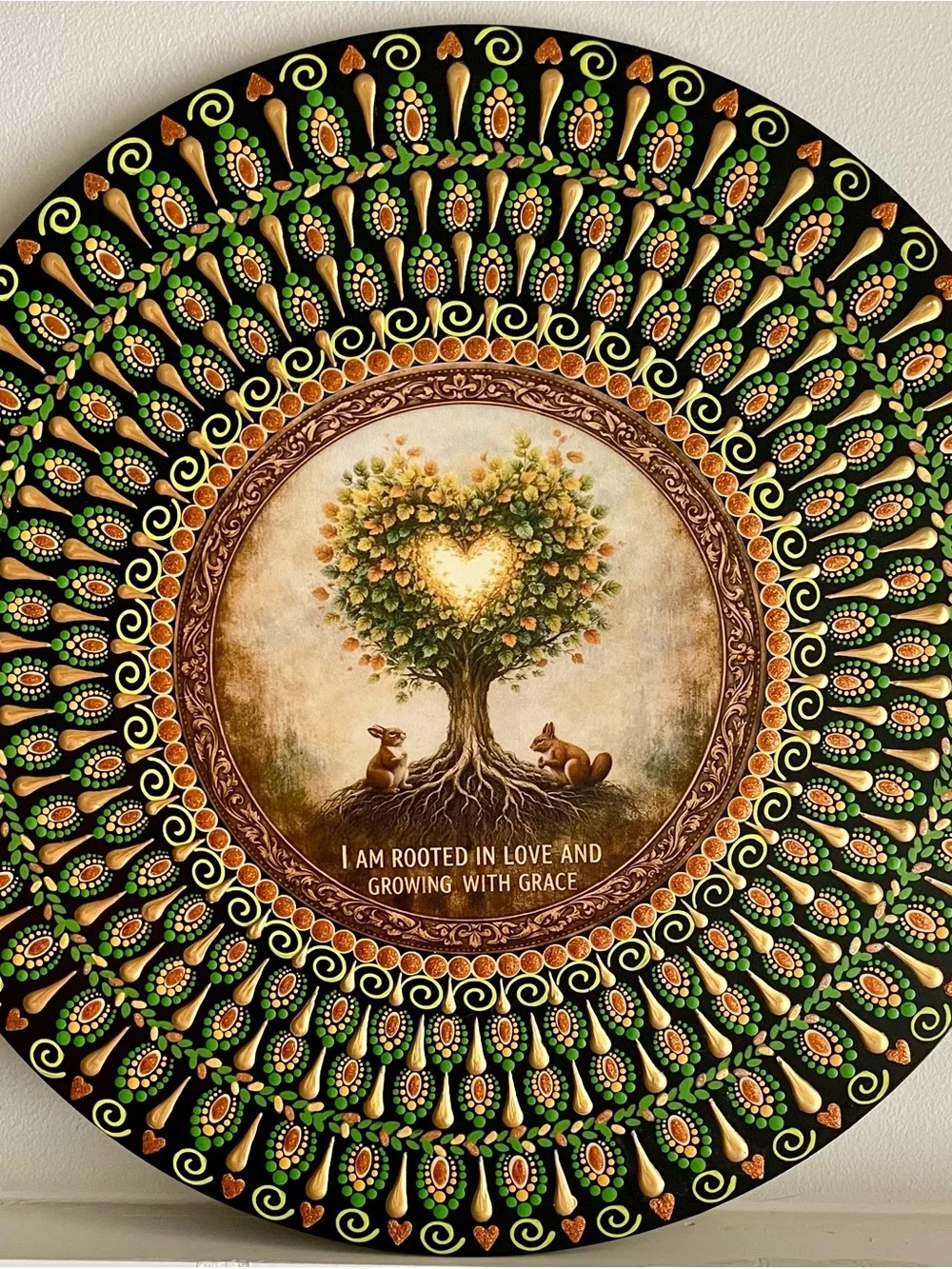 Hand painted Heart Tree Mandala Wall Art - Green & Brown on 16 inch wood round